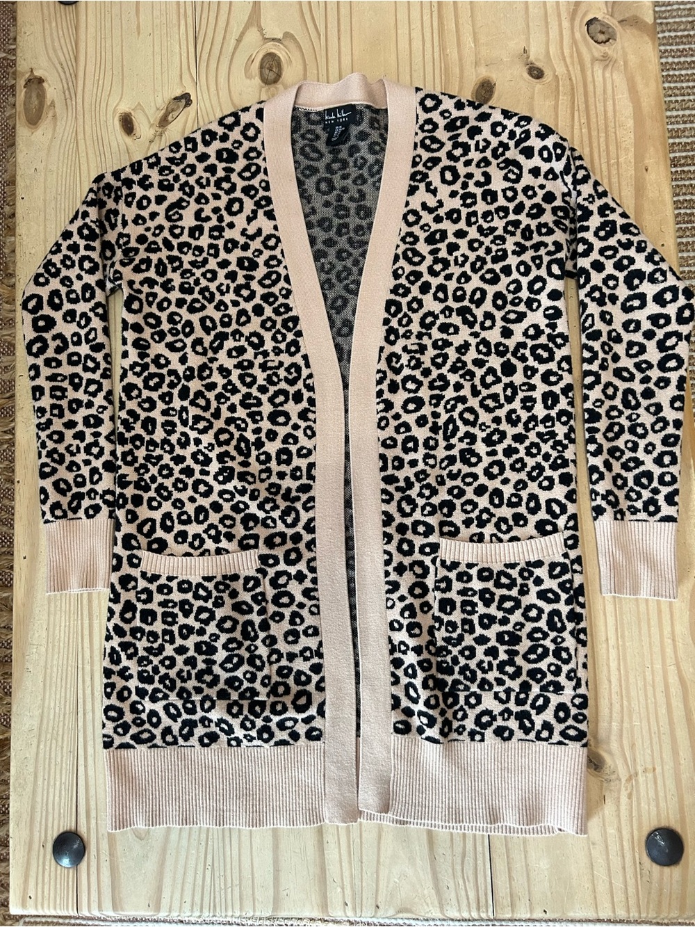 Nicole Miller Tan &Black Leopard Print Long Open-Front Cardigan Sweater-LIKE NEW